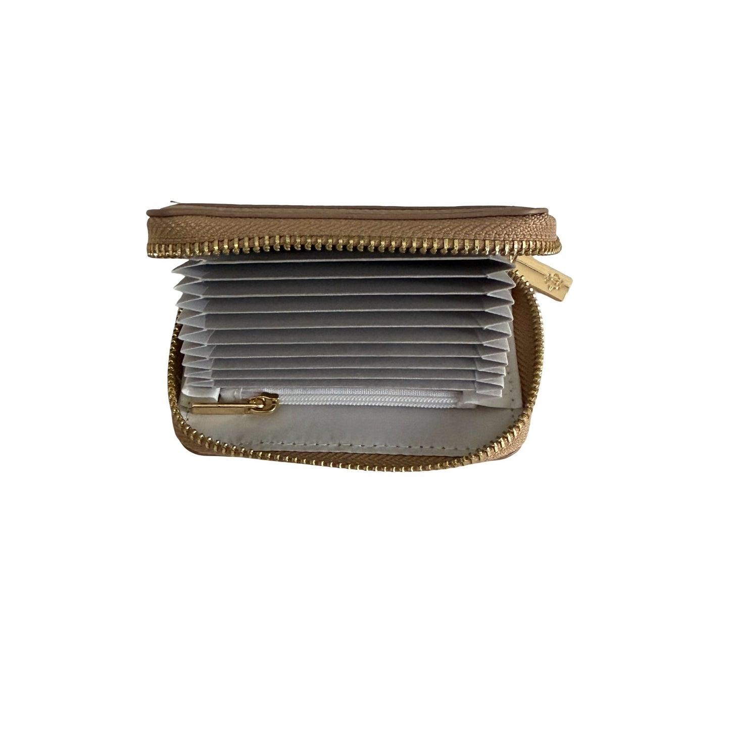 Nanette Lepore Monogram Zip Around Accordion Card Holder Wallet Cream Taupe