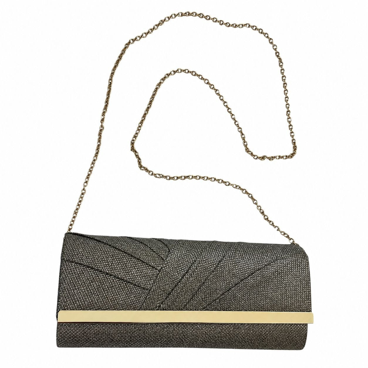 Jessica McClintock Metallic Gray Gold Shimmer Evening Clutch Purse Chain Strap
