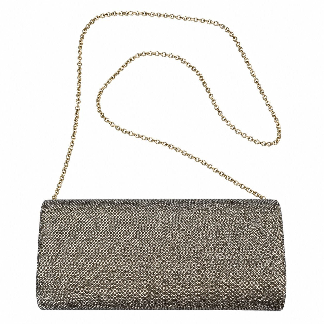Jessica McClintock Metallic Gray Gold Shimmer Evening Clutch Purse Chain Strap