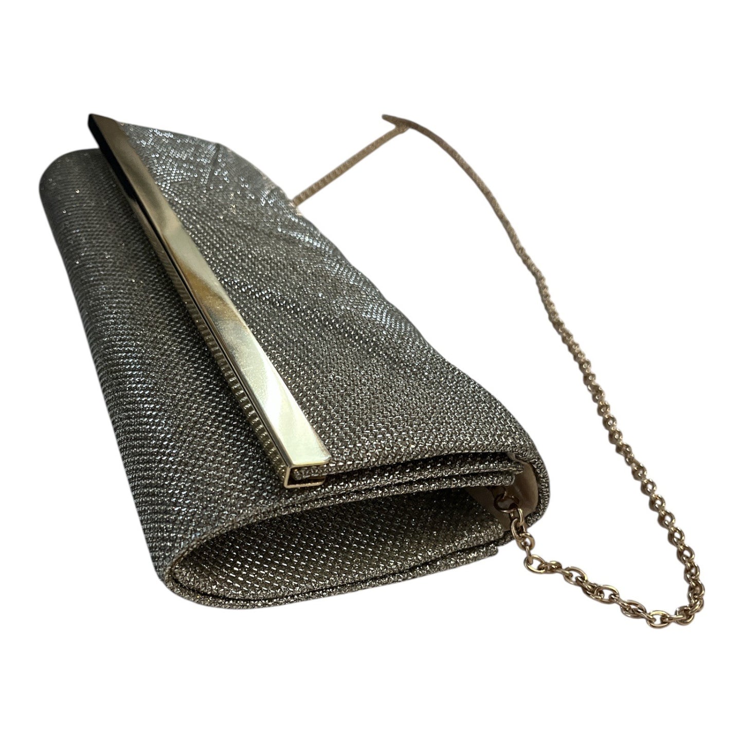 Jessica McClintock Metallic Gray Gold Shimmer Evening Clutch Purse Chain Strap