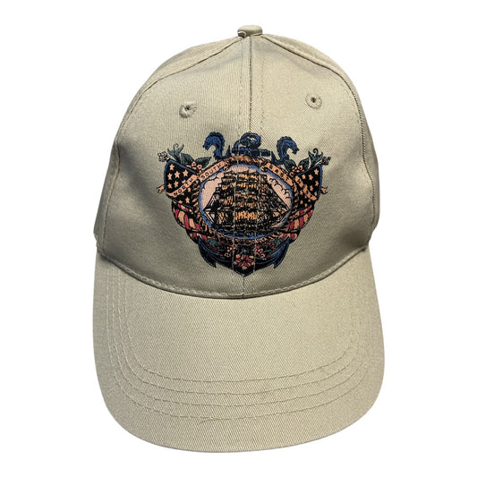 Vintage Y2K West Marine Nautical Crest Hat – Beige Cotton Adjustable Cap – Ship & Flags Embroidery