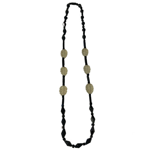 Vintage Black Glass Beaded Necklace Fan Fringe Statement Art Deco Style 24 Inch