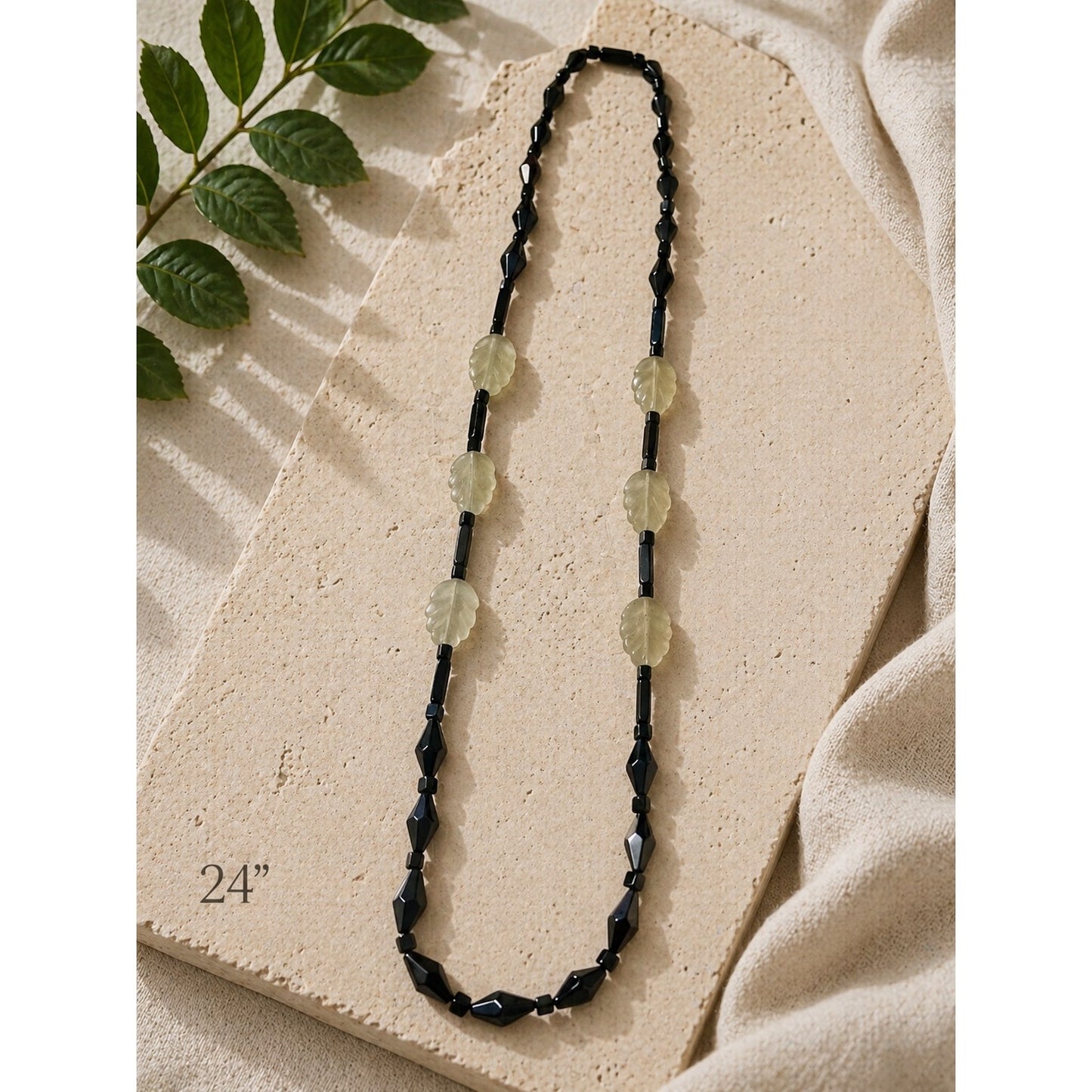 Vintage Black Glass Beaded Necklace Fan Fringe Statement Art Deco Style 24 Inch