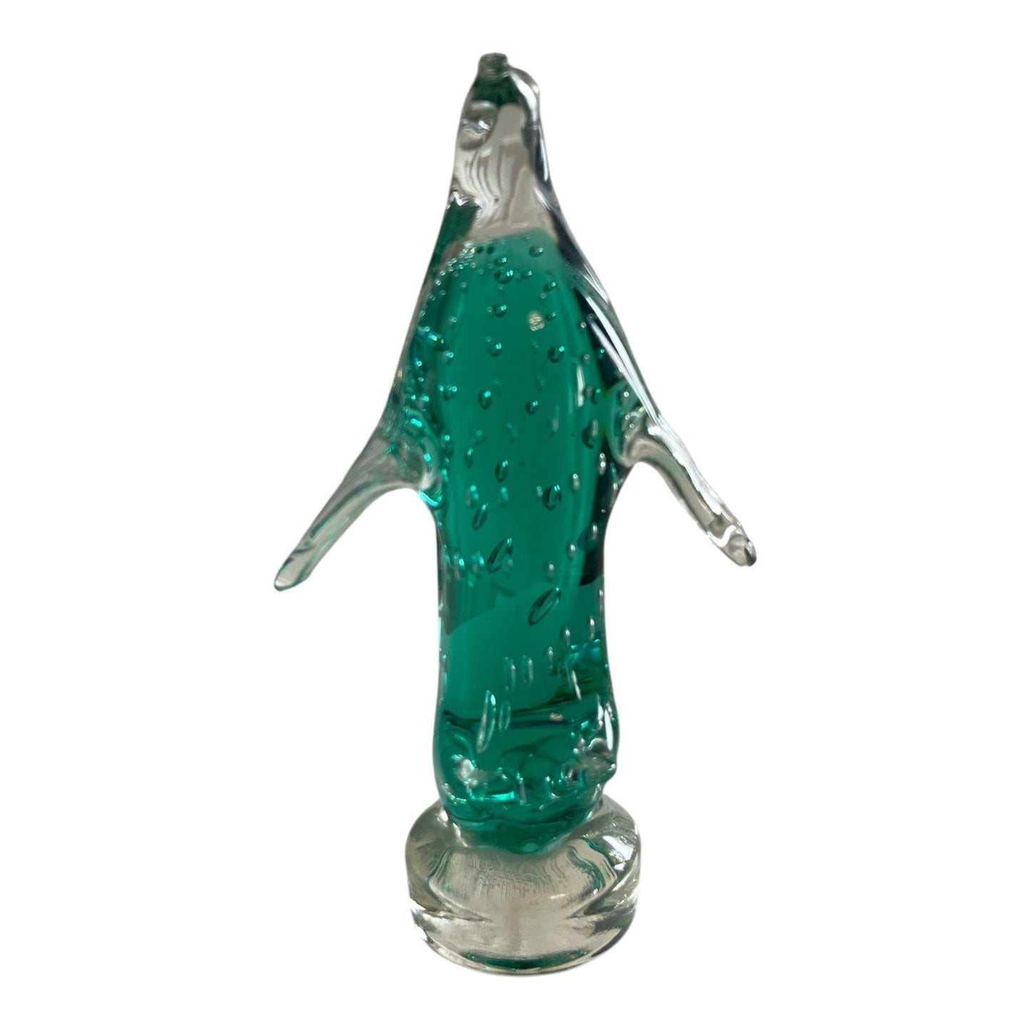 Vintage Art Glass Penguin Figurine Controlled Bubble Green Sculpture