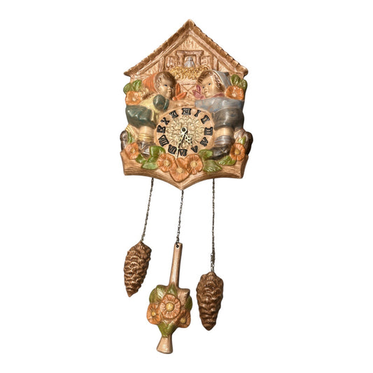 Vintage 1970s Hobbyist Ceramic Chalet Wall Clock – Children & Floral Design