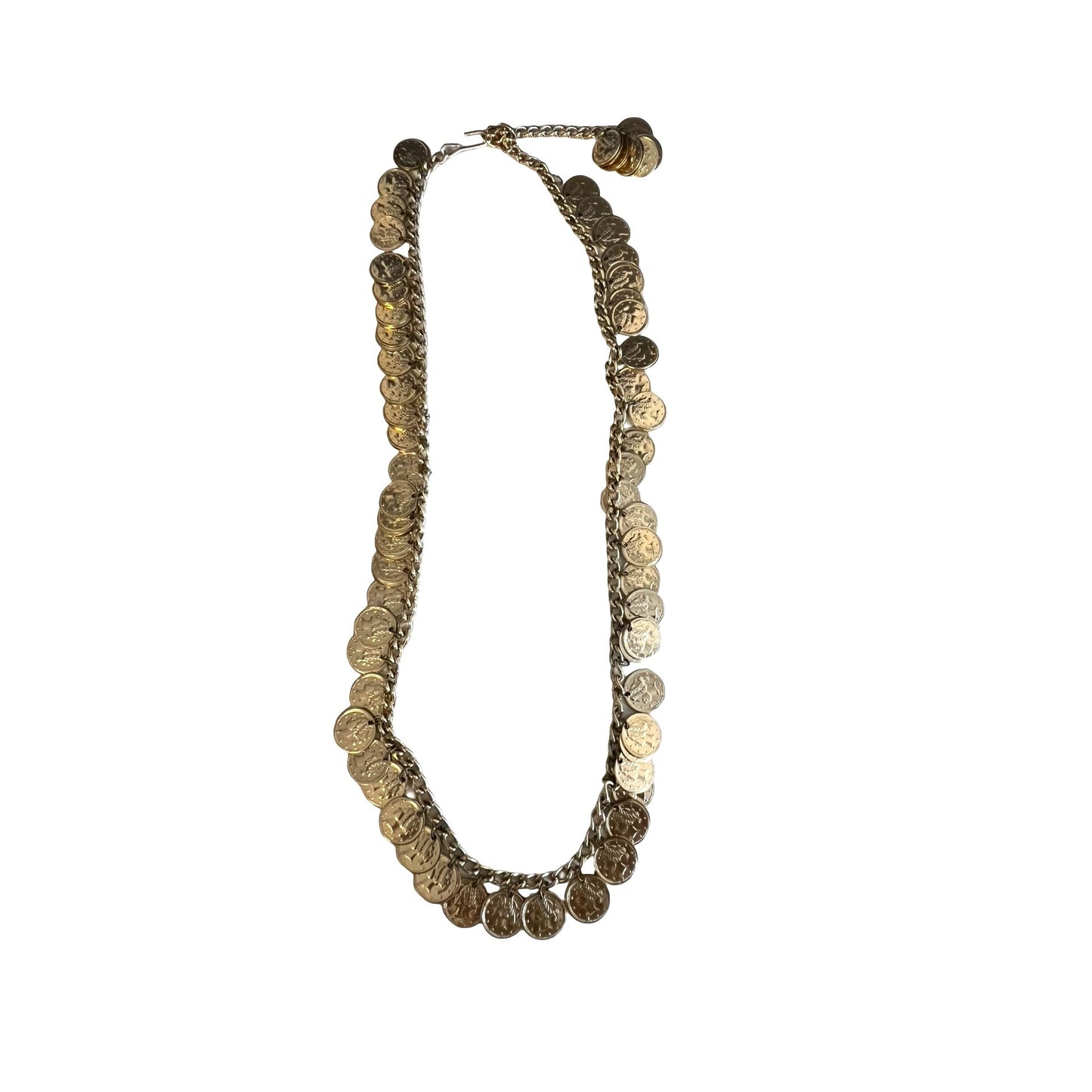 Vintage Gold Tone Coin Belt Necklace Chain Dangle Coins Boho Festival Hip Belt 30” Adjustable
