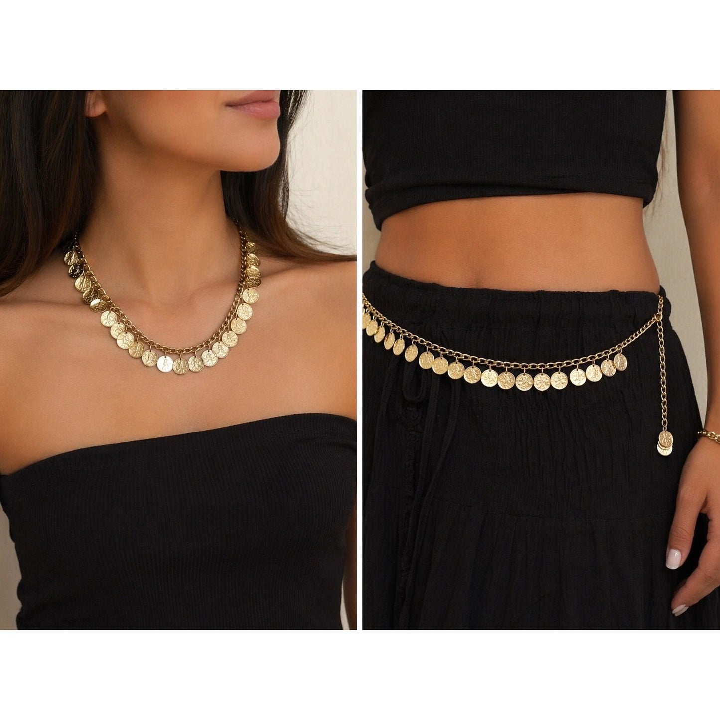 Vintage Gold Tone Coin Belt Necklace Chain Dangle Coins Boho Festival Hip Belt 30” Adjustable