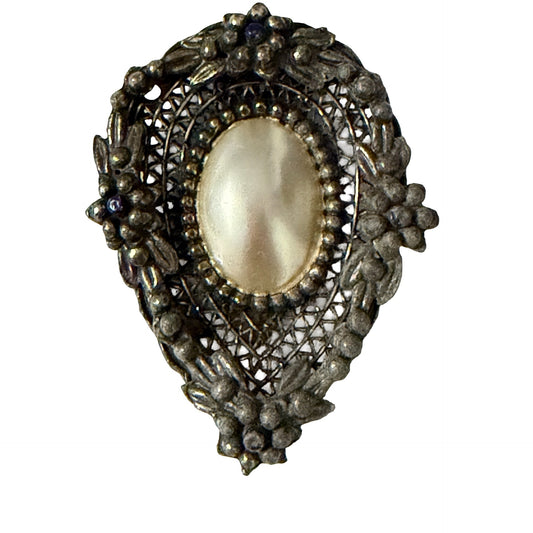 Vintage Faux Pearl Dress Clip Ornate Filigree Floral Silver Tone Sweater Clip