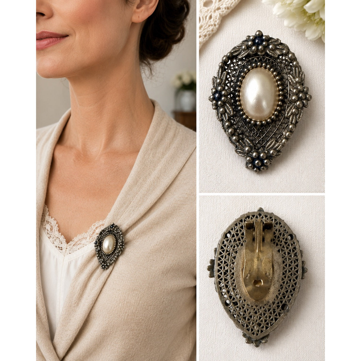 Vintage Faux Pearl Dress Clip Ornate Filigree Floral Silver Tone Sweater Clip