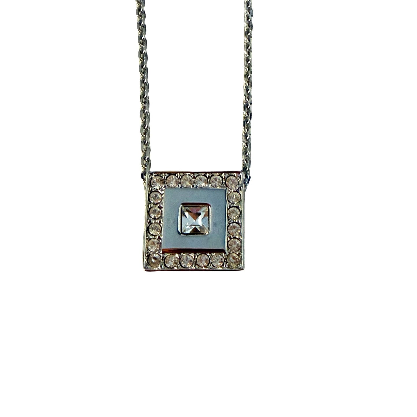 White House Black Market WHBM Silver Tone Rhinestone Square Pendant Necklace 16"