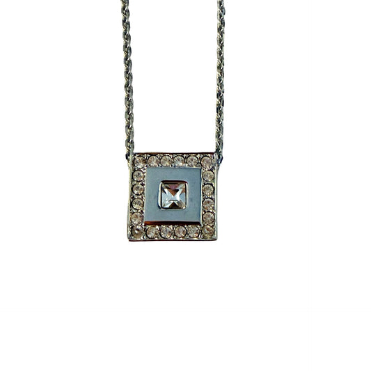 White House Black Market WHBM Silver Tone Rhinestone Square Pendant Necklace 16"