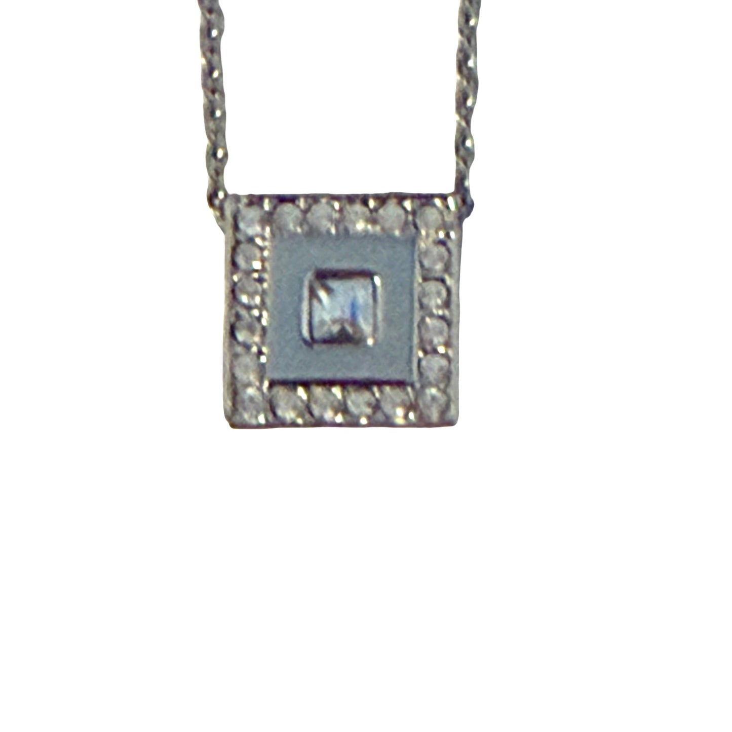 White House Black Market WHBM Silver Tone Rhinestone Square Pendant Necklace 16"