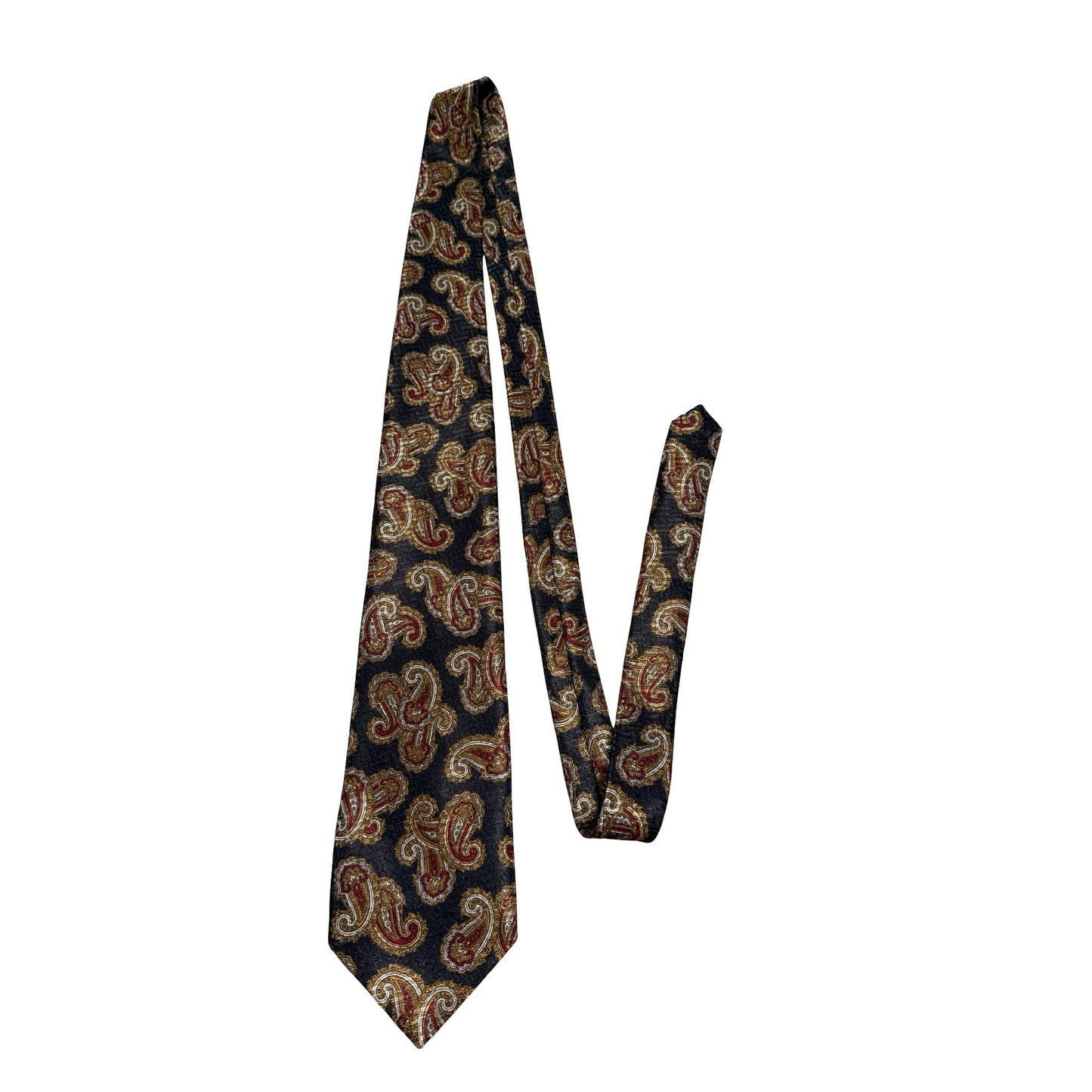 Johnny Carson Mens Silk Tie Paisley Black Gold Red Made in USA Vintage