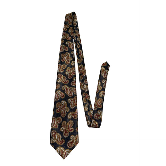 Johnny Carson Mens Silk Tie Paisley Black Gold Red Made in USA Vintage