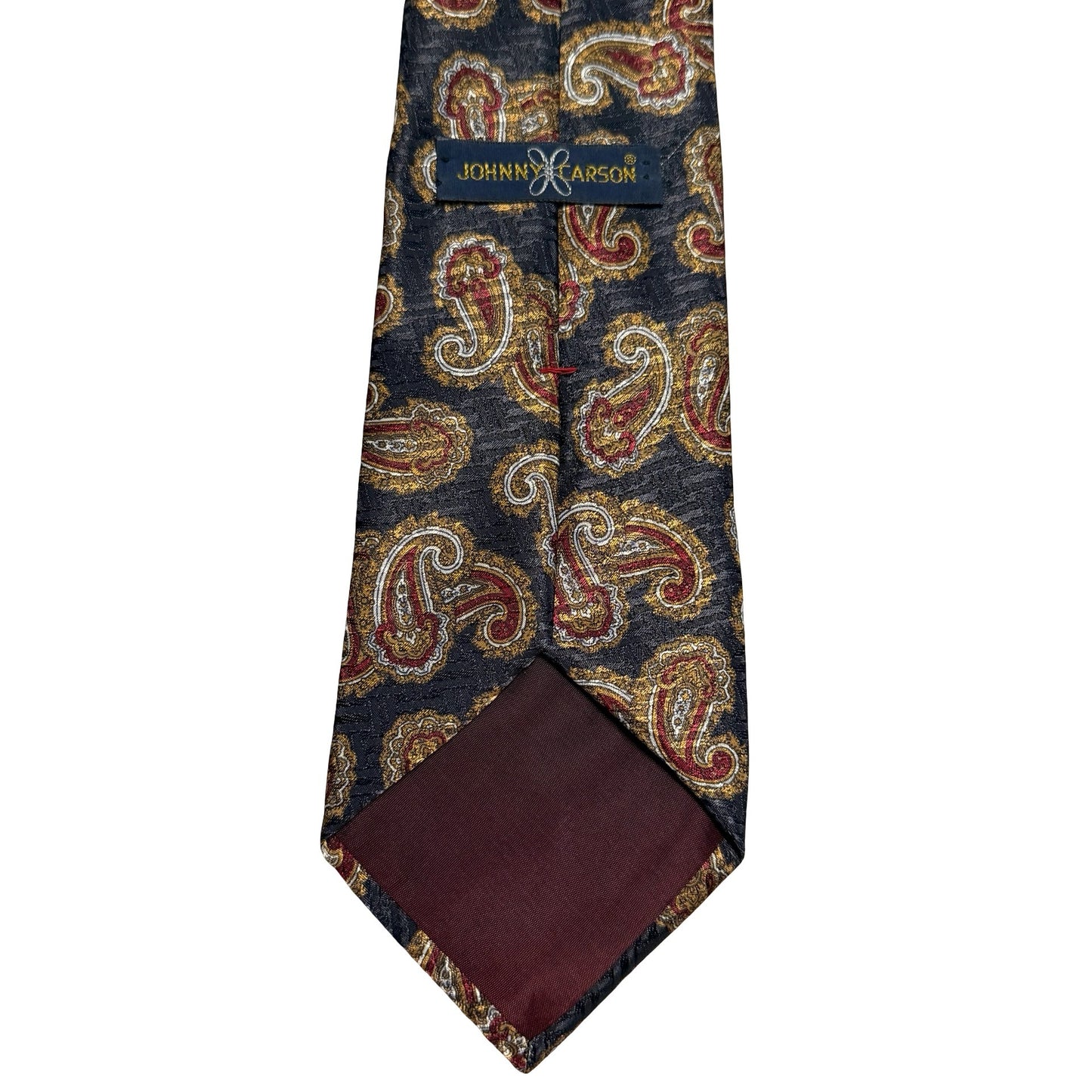 Johnny Carson Mens Silk Tie Paisley Black Gold Red Made in USA Vintage