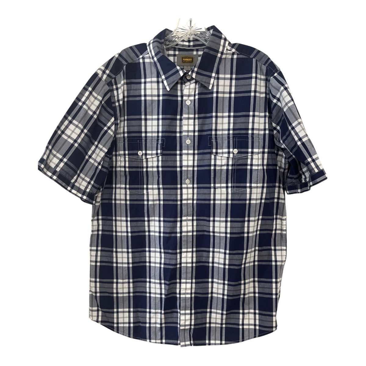 The Foundry Supply Co Mens Plaid Short Sleeve Button Down Shirt Large Navy Gray