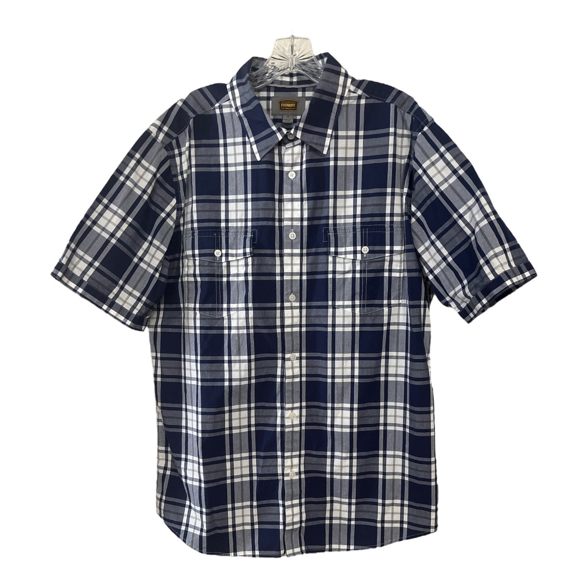 The Foundry Supply Co Mens Plaid Short Sleeve Button Down Shirt Large Navy Gray