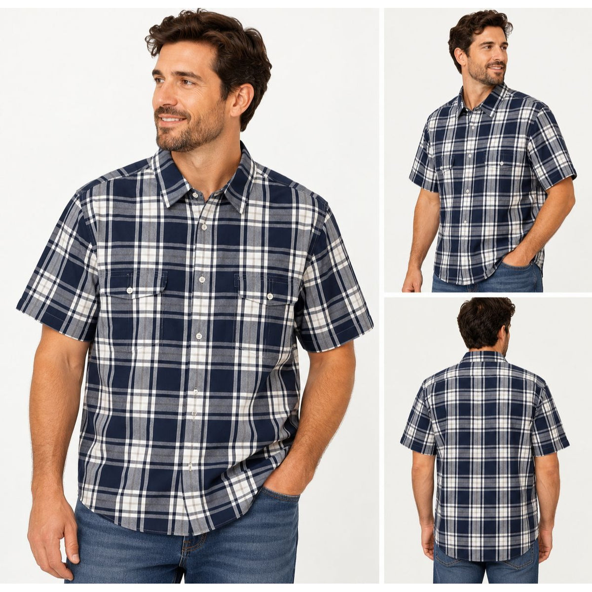 The Foundry Supply Co Mens Plaid Short Sleeve Button Down Shirt Large Navy Gray