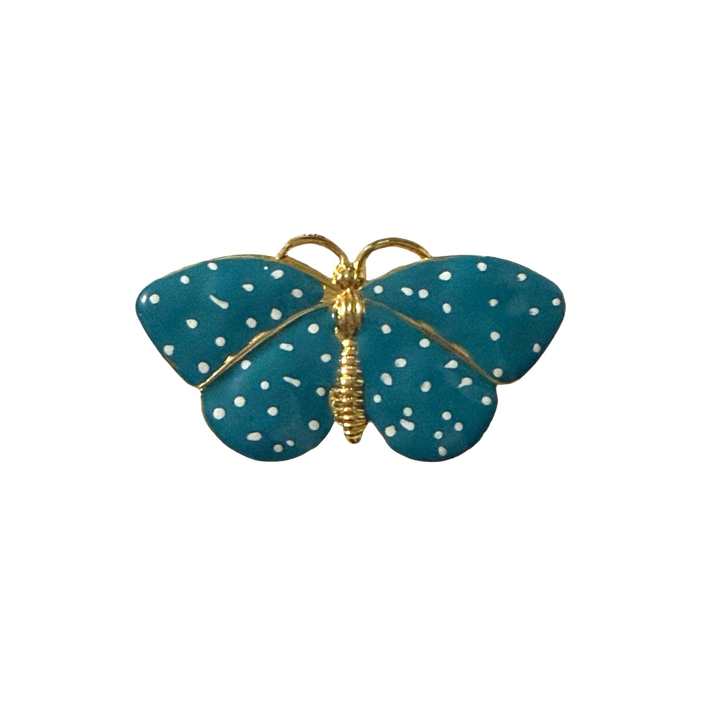Vintage Blue White Polka Dot Enamel Butterfly Brooch Gold Tone Pin