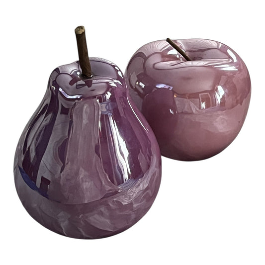 Large Purple Ceramic Pear and Apple Decor Set – Glossy Finish with Realistic Stems