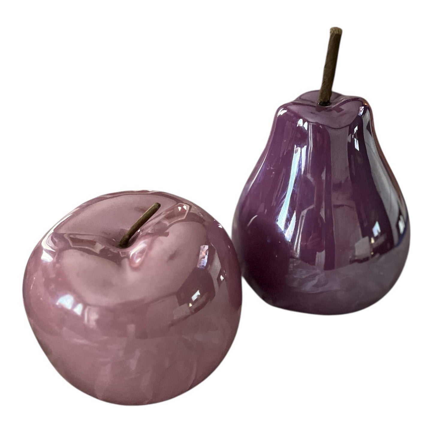 Large Purple Ceramic Pear and Apple Decor Set – Glossy Finish with Realistic Stems