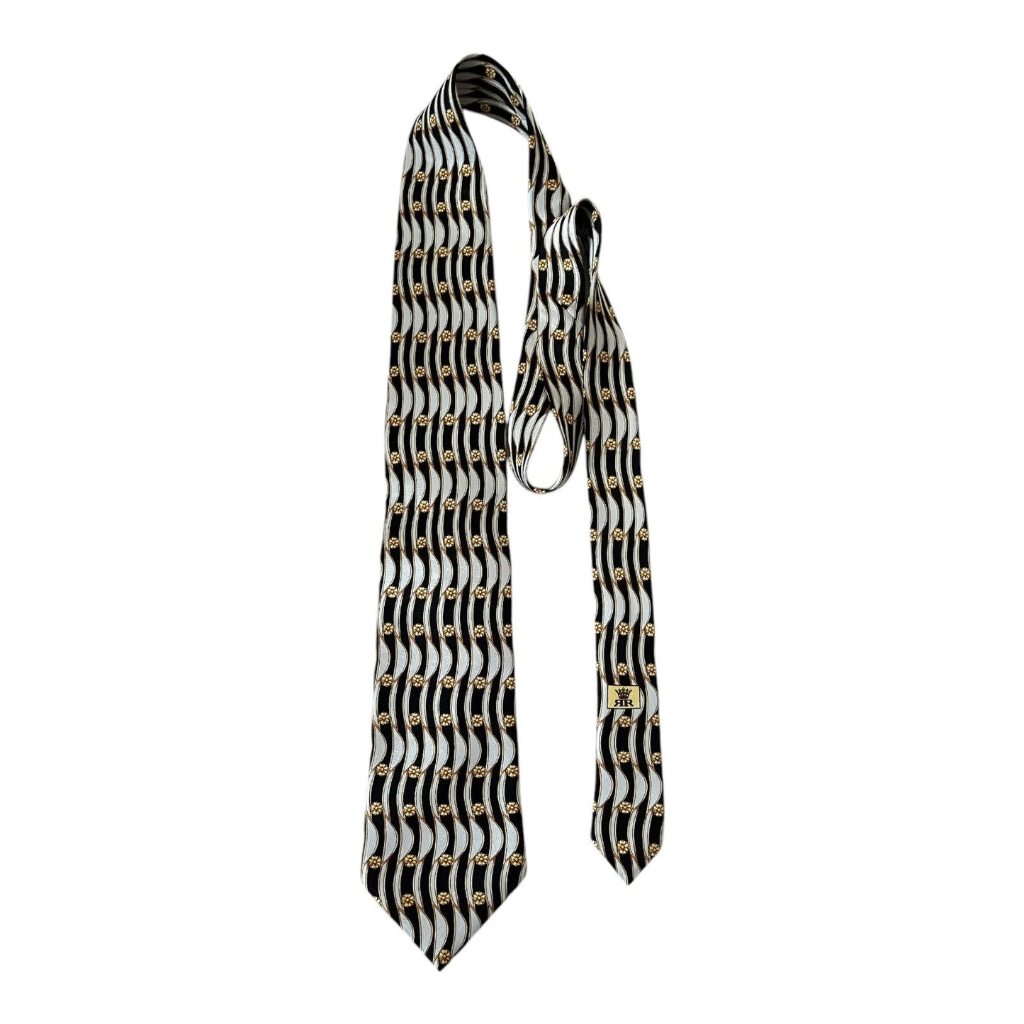 Richel Royal Vintage Italian Silk Necktie Black Silver Gold Floral Wave Pattern