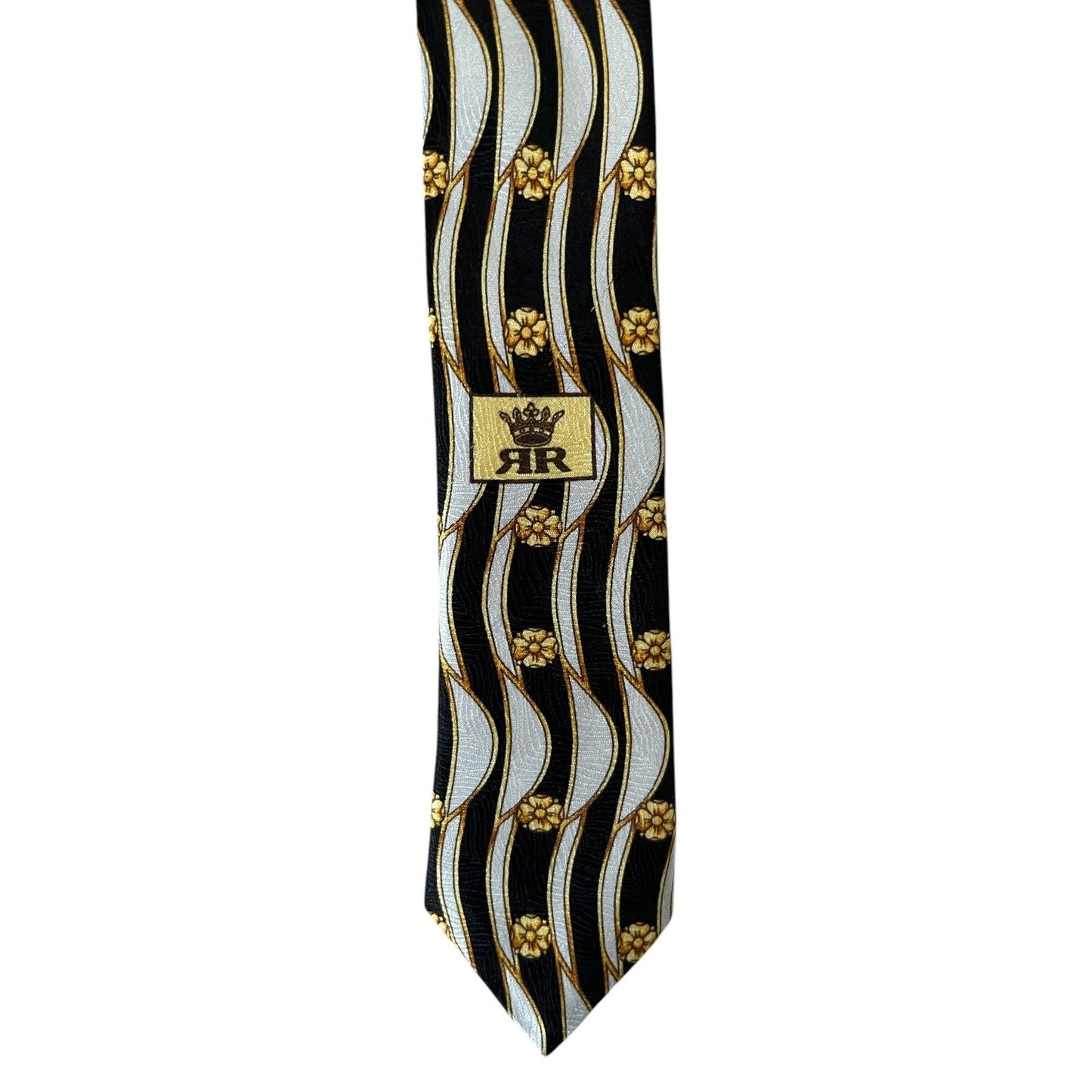 Richel Royal Vintage Italian Silk Necktie Black Silver Gold Floral Wave Pattern