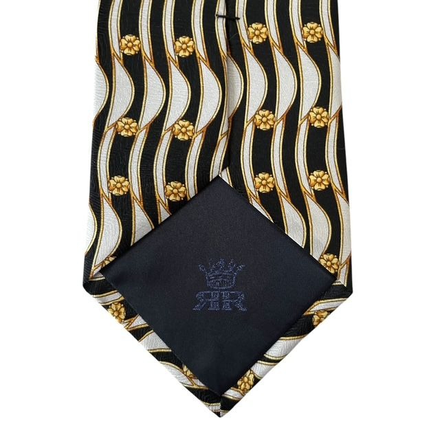 Richel Royal Vintage Italian Silk Necktie Black Silver Gold Floral Wave Pattern