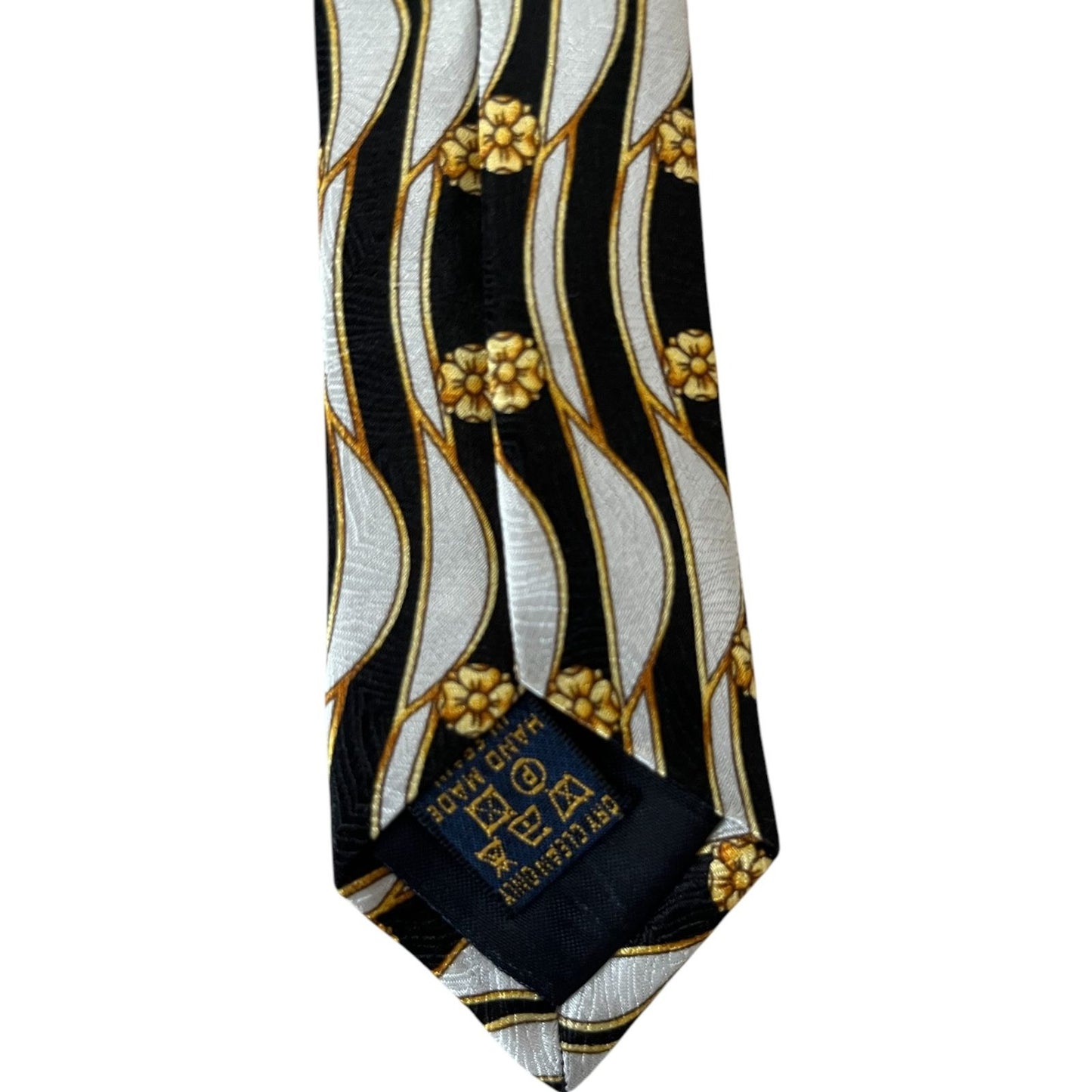 Richel Royal Vintage Italian Silk Necktie Black Silver Gold Floral Wave Pattern