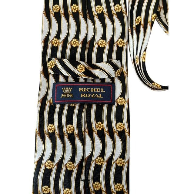Richel Royal Vintage Italian Silk Necktie Black Silver Gold Floral Wave Pattern