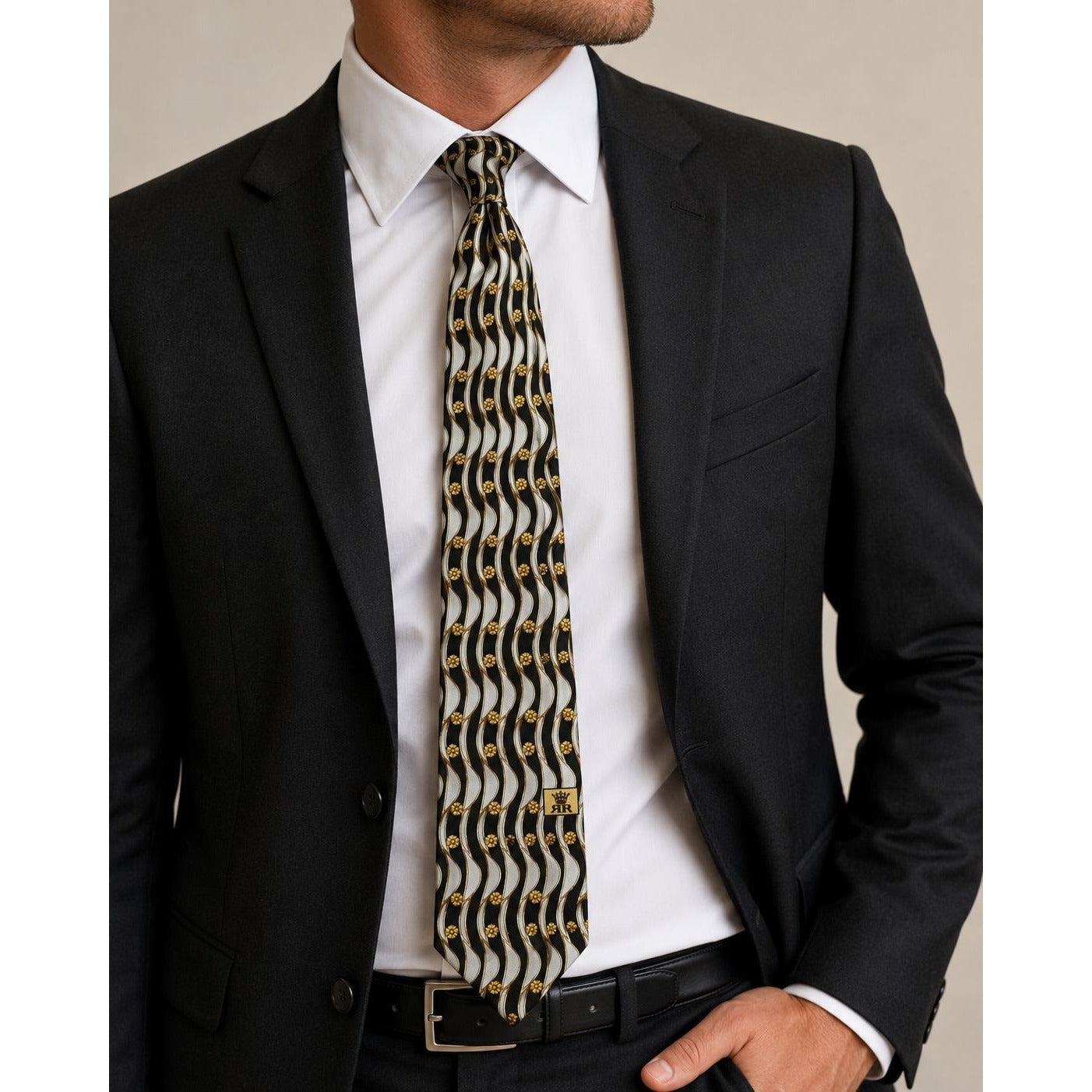 Richel Royal Vintage Italian Silk Necktie Black Silver Gold Floral Wave Pattern