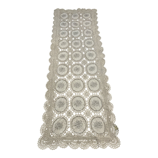 Vintage Handmade Crochet Lace Panel with Embroidered Roses – 40 x 14 Inches – Ecru – Double-Sided