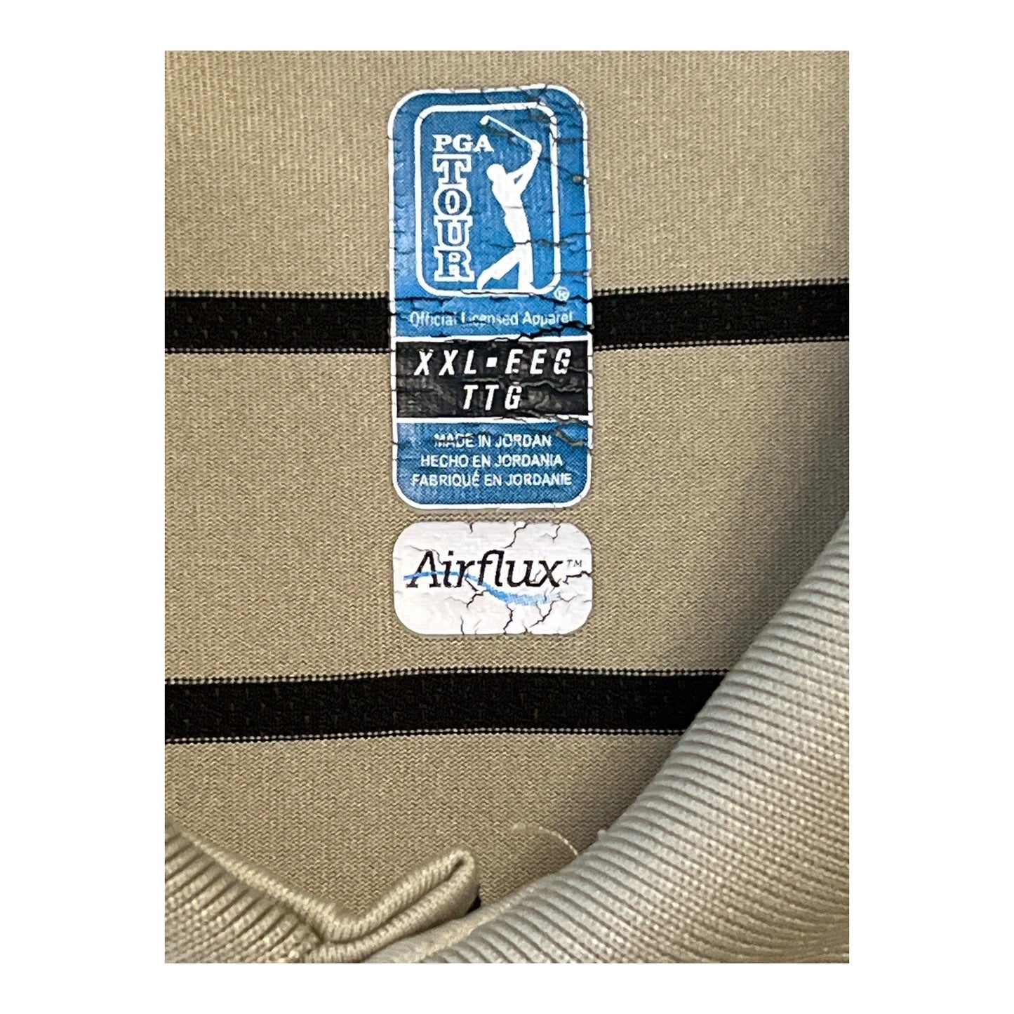PGA Tour Airflux Striped Golf Polo Shirt Mens XXL Beige Black Performance Short Sleeve