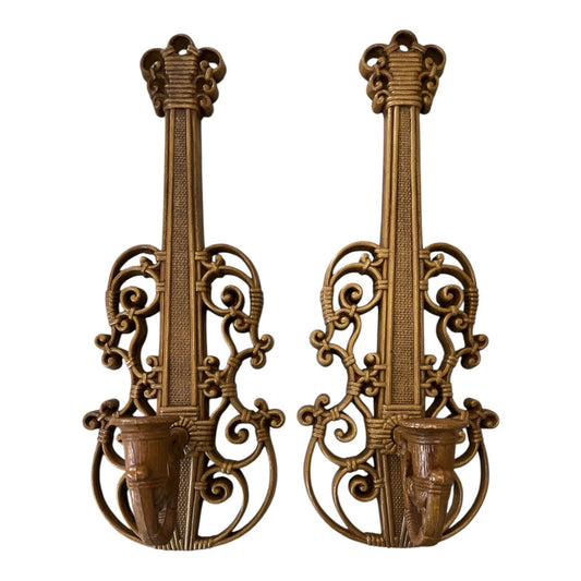 Pair of 1963 Homco Syroco Wall Sconces – Gold Violin Candle Holders – Rococo Hollywood Regency