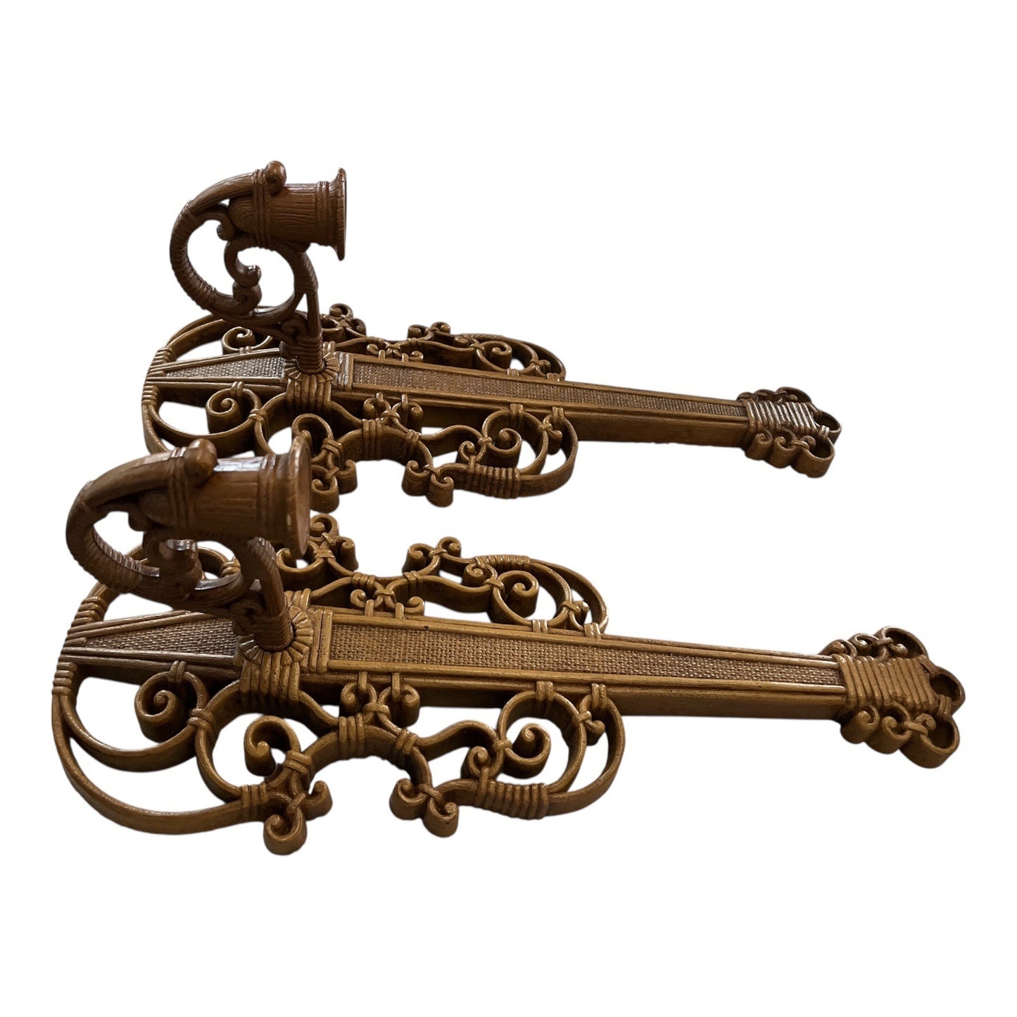 Pair of 1963 Homco Syroco Wall Sconces – Gold Violin Candle Holders – Rococo Hollywood Regency