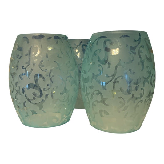 Set of 3 Frosted Aqua Blue Glass Light Fixture Shades with Etched Scroll Design – 7” Tall, 4” Openings