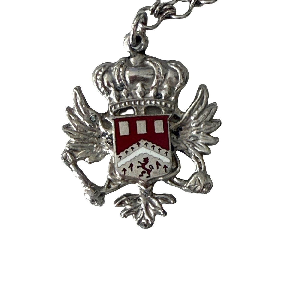 Vintage Heraldic Coat of Arms Silver Tone Enamel Pendant Necklace 18 Inch