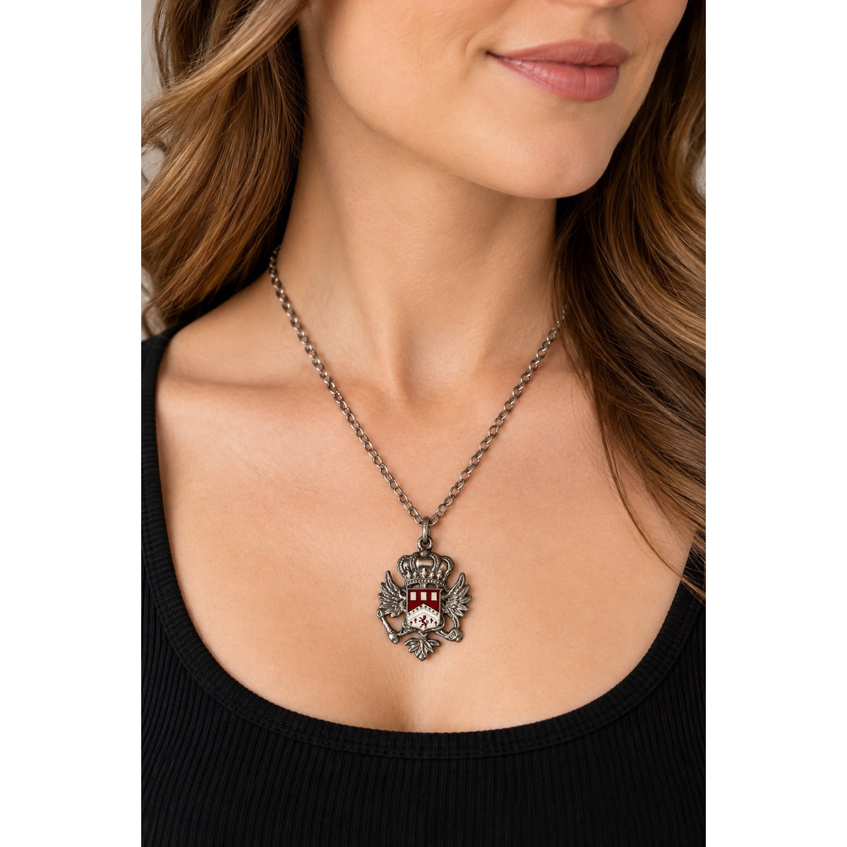 Vintage Heraldic Coat of Arms Silver Tone Enamel Pendant Necklace 18 Inch