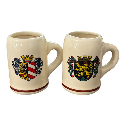 Vintage Mini German Beer Stein Mugs – Heraldic Crest Design – Ceramic – Set of 2 – 2” Tall
