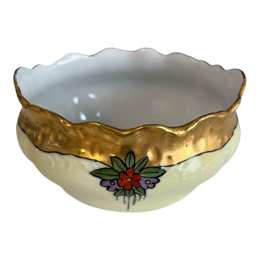 Antique German Porcelain Bowl – Hand Painted Floral with Gold Trim – Scalloped Edge – Signed