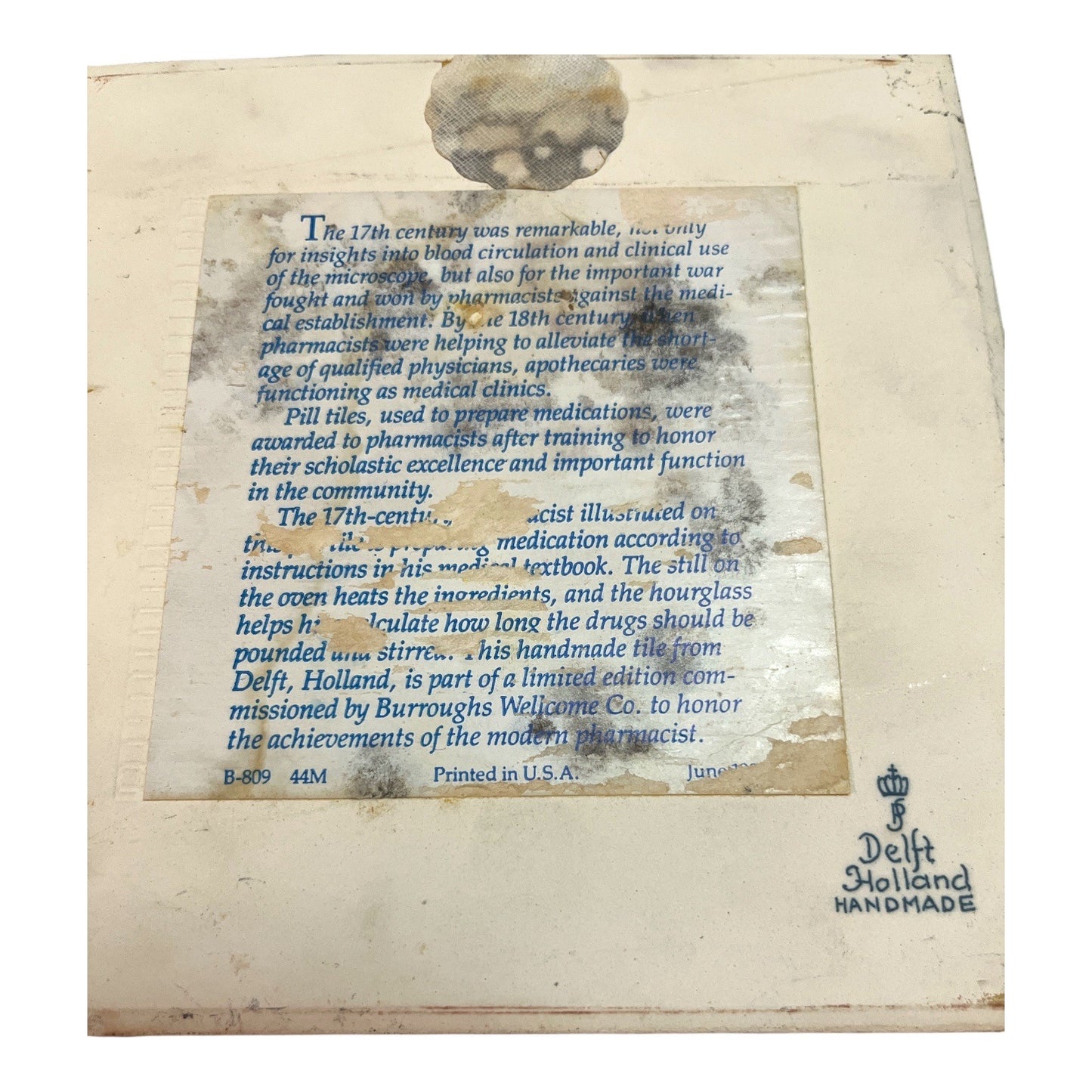 Vtg Delft Blue Apothecary Tile – 6” Delft Holland Pharmacy Ceramic Wall Plaque (June 1984)