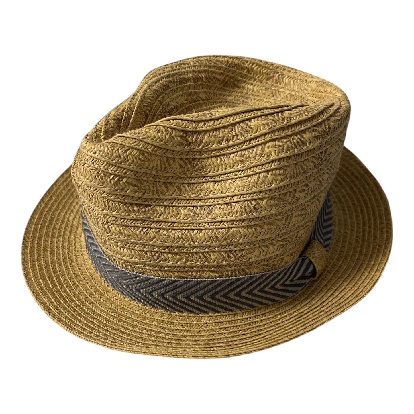 Sunny Dayz Tan Straw Fedora Hat with Gray Chevron Band