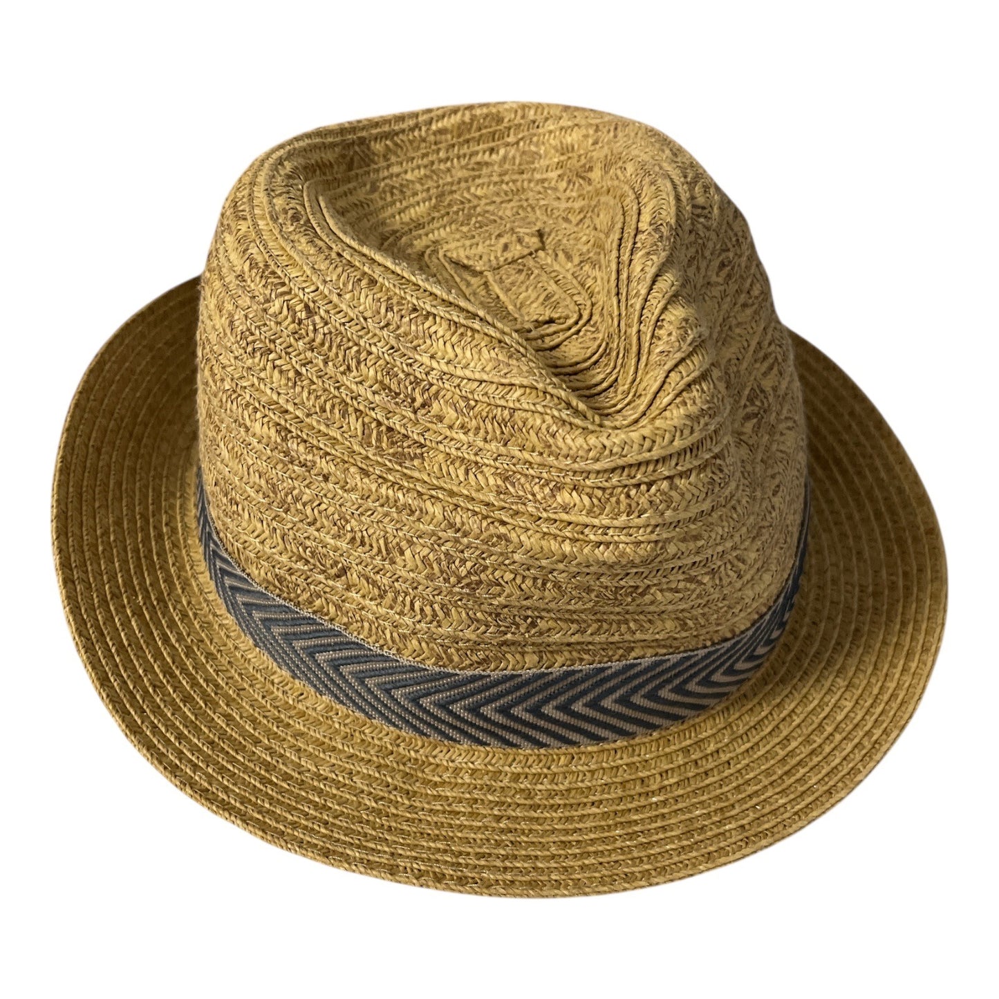 Sunny Dayz Tan Straw Fedora Hat with Gray Chevron Band