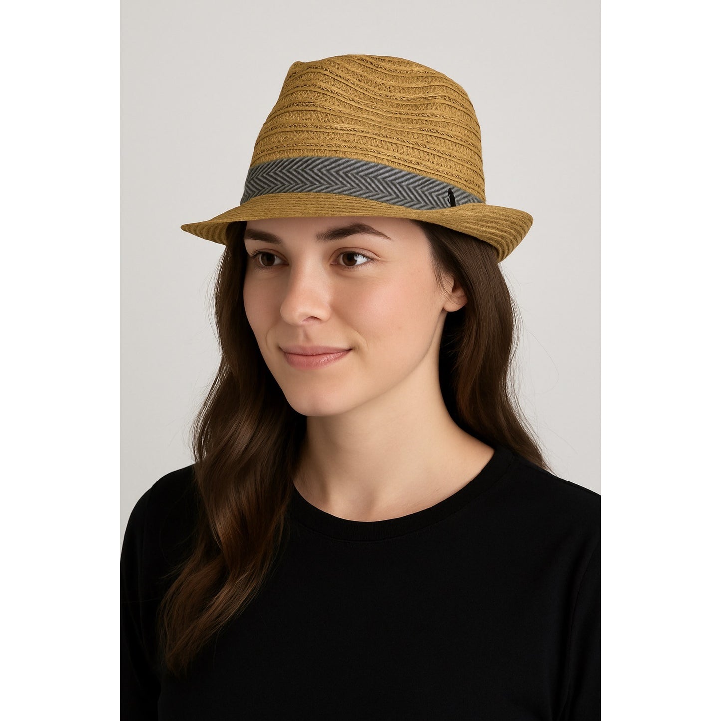 Sunny Dayz Tan Straw Fedora Hat with Gray Chevron Band