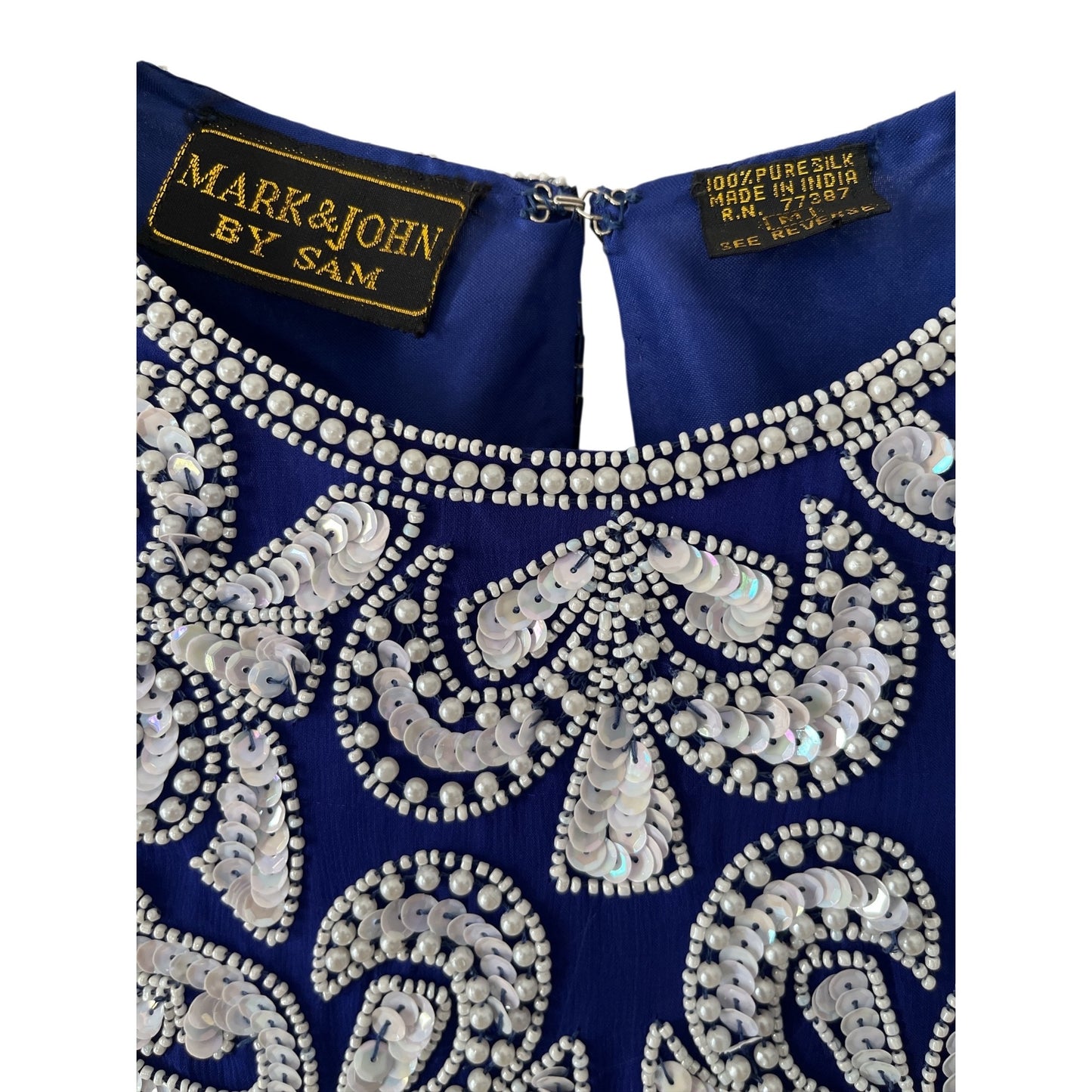 Vintage Mark & John by Sam Royal Blue Beaded Silk Evening Top Formal Blouse