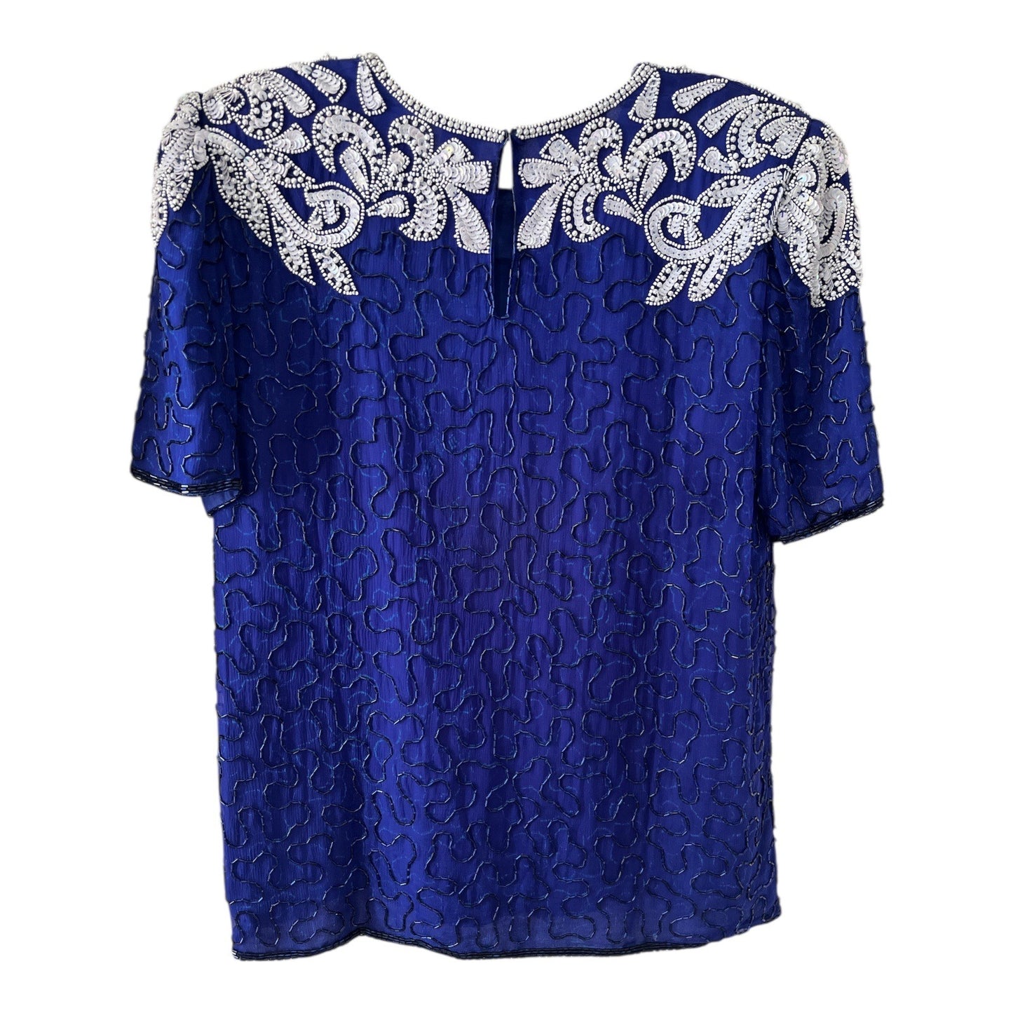Vintage Mark & John by Sam Royal Blue Beaded Silk Evening Top Formal Blouse