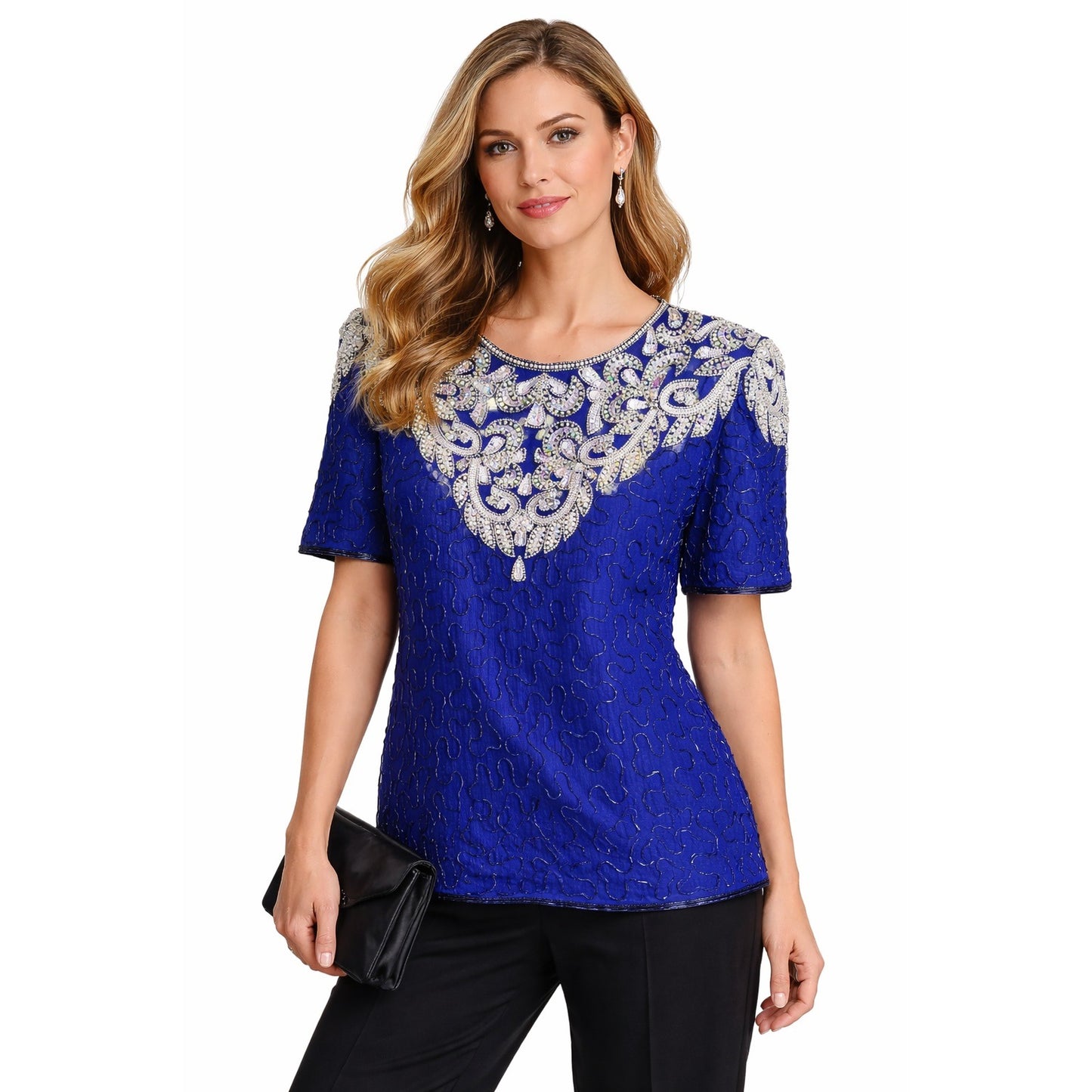 Vintage Mark & John by Sam Royal Blue Beaded Silk Evening Top Formal Blouse