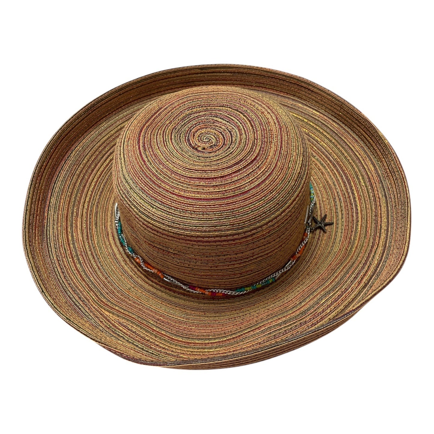 Sun N’ Sand Woven Straw Hat – Multicolor Stripe with Beaded Chain & Starfish