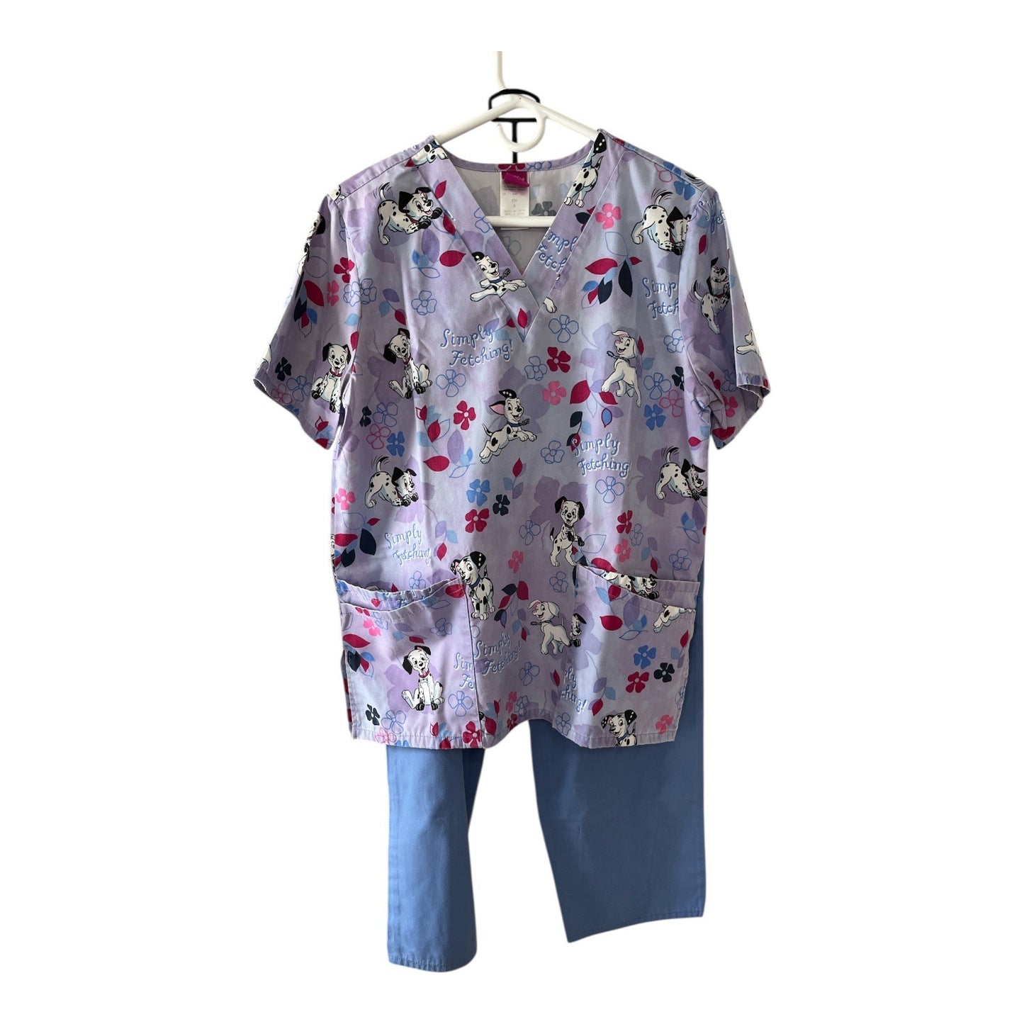 The Wonderful World of Disney Women’s Size Small Scrub Set – 101 Dalmatians “Simply Fetching” Top & Blue Pants
