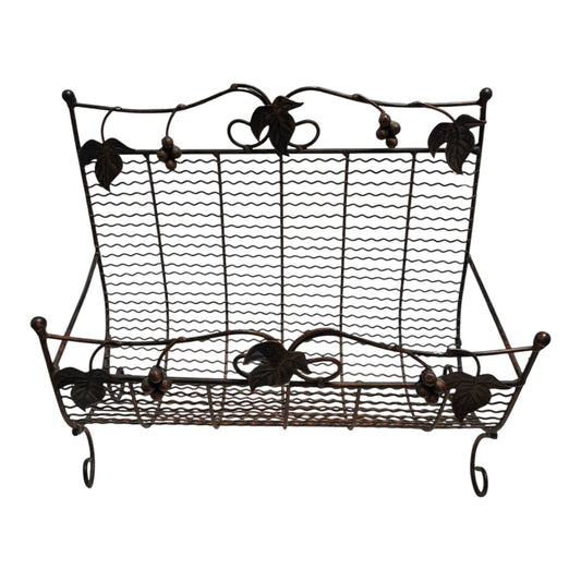 Vintage Wire Magazine Rack – Bronze Scrollwork with Grapevine Motif – Freestanding Metal Organizer